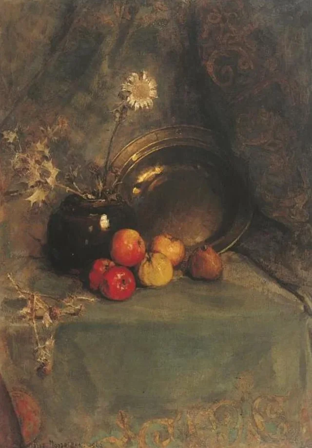 Nature morte : pommes, pot de fleurs et casserole en métal, Piet Mondrian