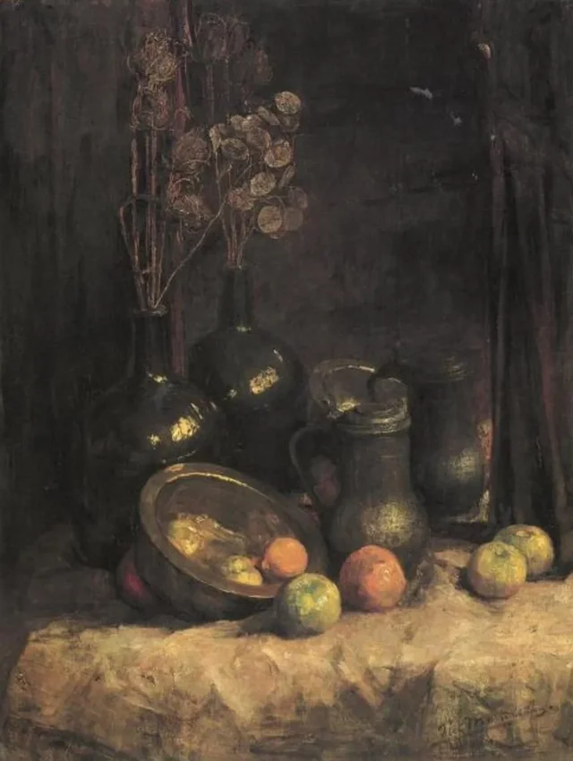 Naturaleza muerta con espejo, recipientes, lunaria y frutas