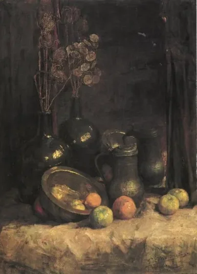 Still life with mirror, containers, honesty and fruit