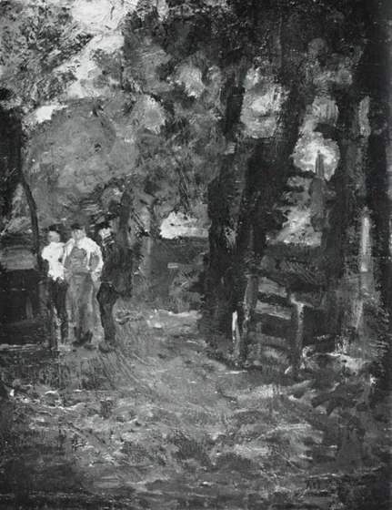 Three farm workers near a gateway