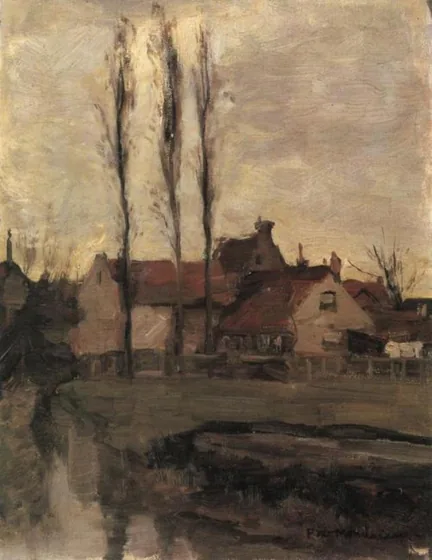 Three Italian poplars and buildings