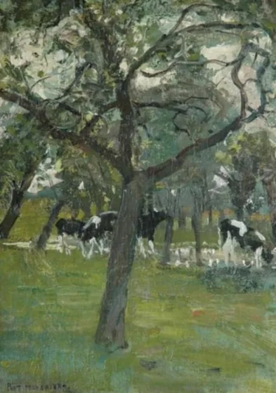 Trees and cows along a stream