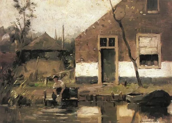 Truncated view of a gabled house façade on a canal