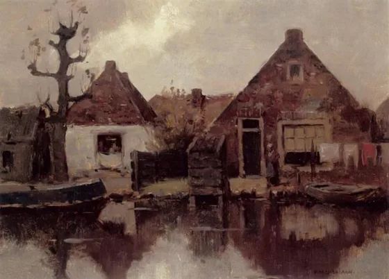 Two gabled house façades along a canal