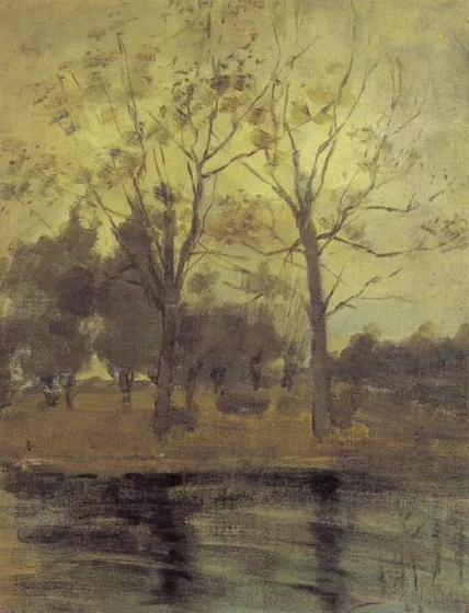 Two trees silhouetted behind a water course