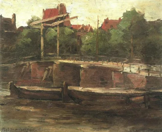 Waalseilandgracht with bridge and flat barges
