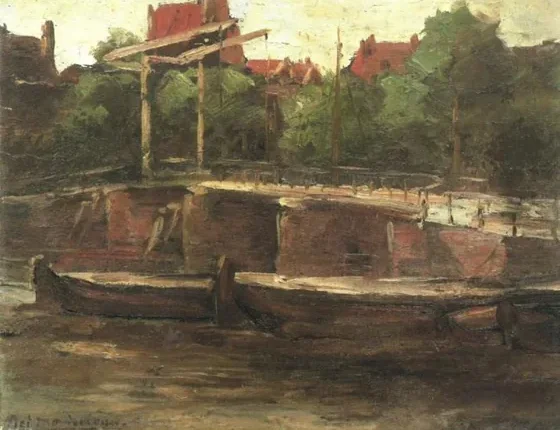 Waalseilandgracht with bridge and flat barges