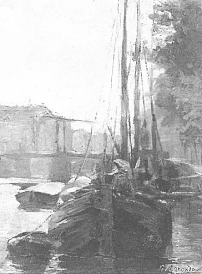 Waalseilandsgracht with bridge and moored tjalk barges