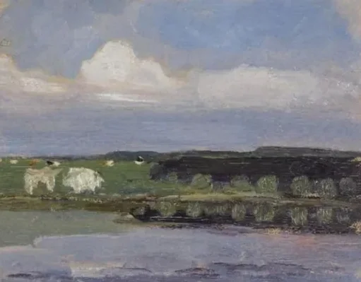 Watercourse, field with cows and sky with cloud