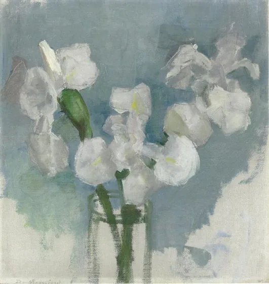 White irises against a light blue background I