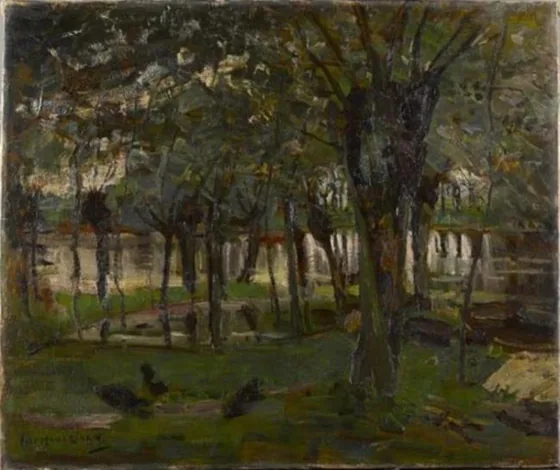 Willow grove near the water, prominent tree at right