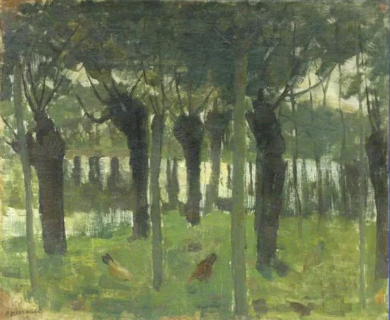Willow grove near the water with chickens