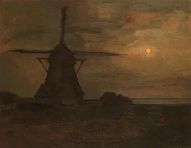 Molino de viento a la luz de la luna