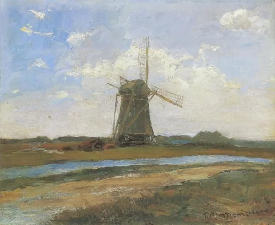 Windmill in sunlight near a stream