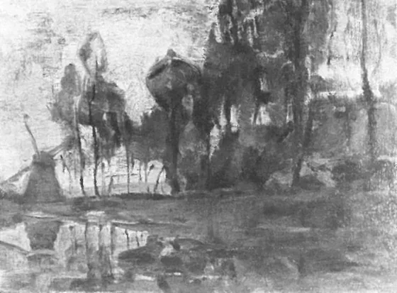 Windmill near tall trees, other trees at right
