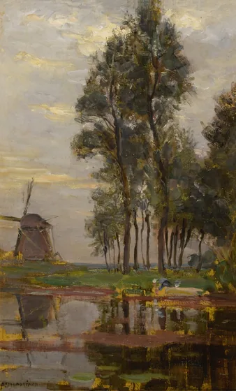 Windmill near tall trees with woman at the wash stoop