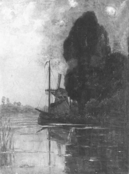 Windmill with tall trees and moored barges