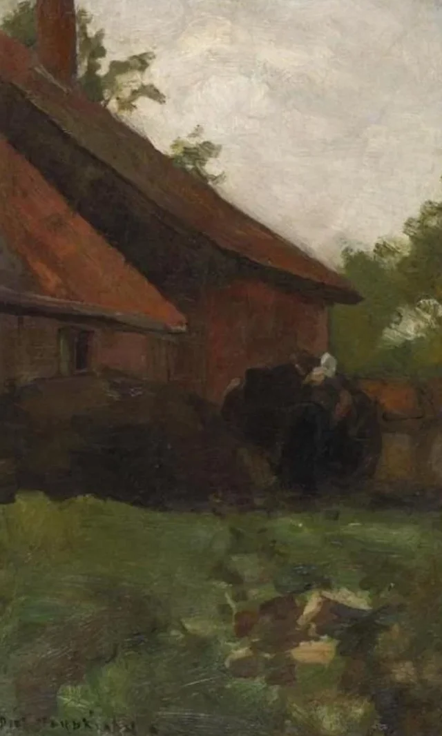 Mujer y edificio de granja en el Achterhoek