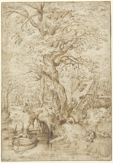 Brook with a fisherman and a watermill