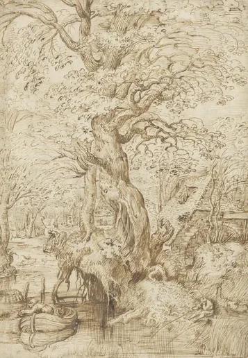 Brook with a fisherman and a watermill