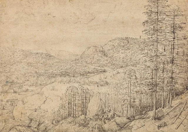 Paisaje de montaña con una caravana de mulas