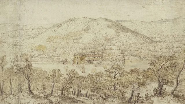 Paisaje montañoso del sur con edificios conventuales
