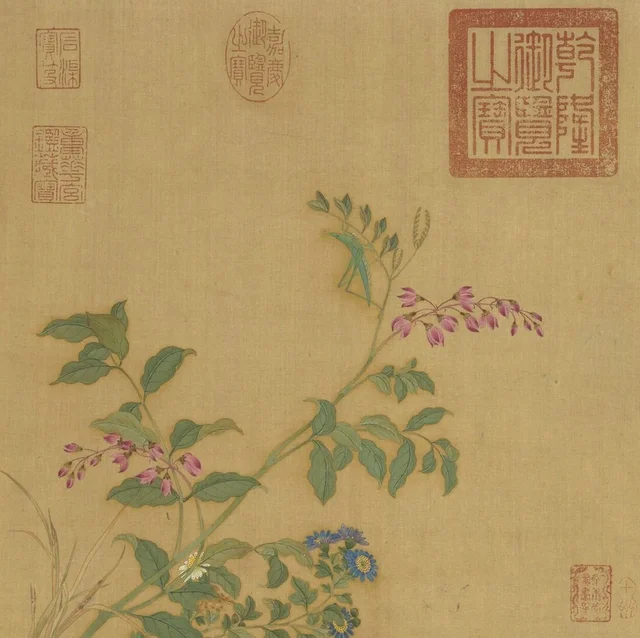 花鳥冊 菊花蝗虫, 仇英