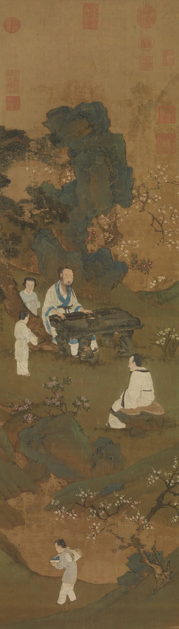 梅石撫琴図, 仇英