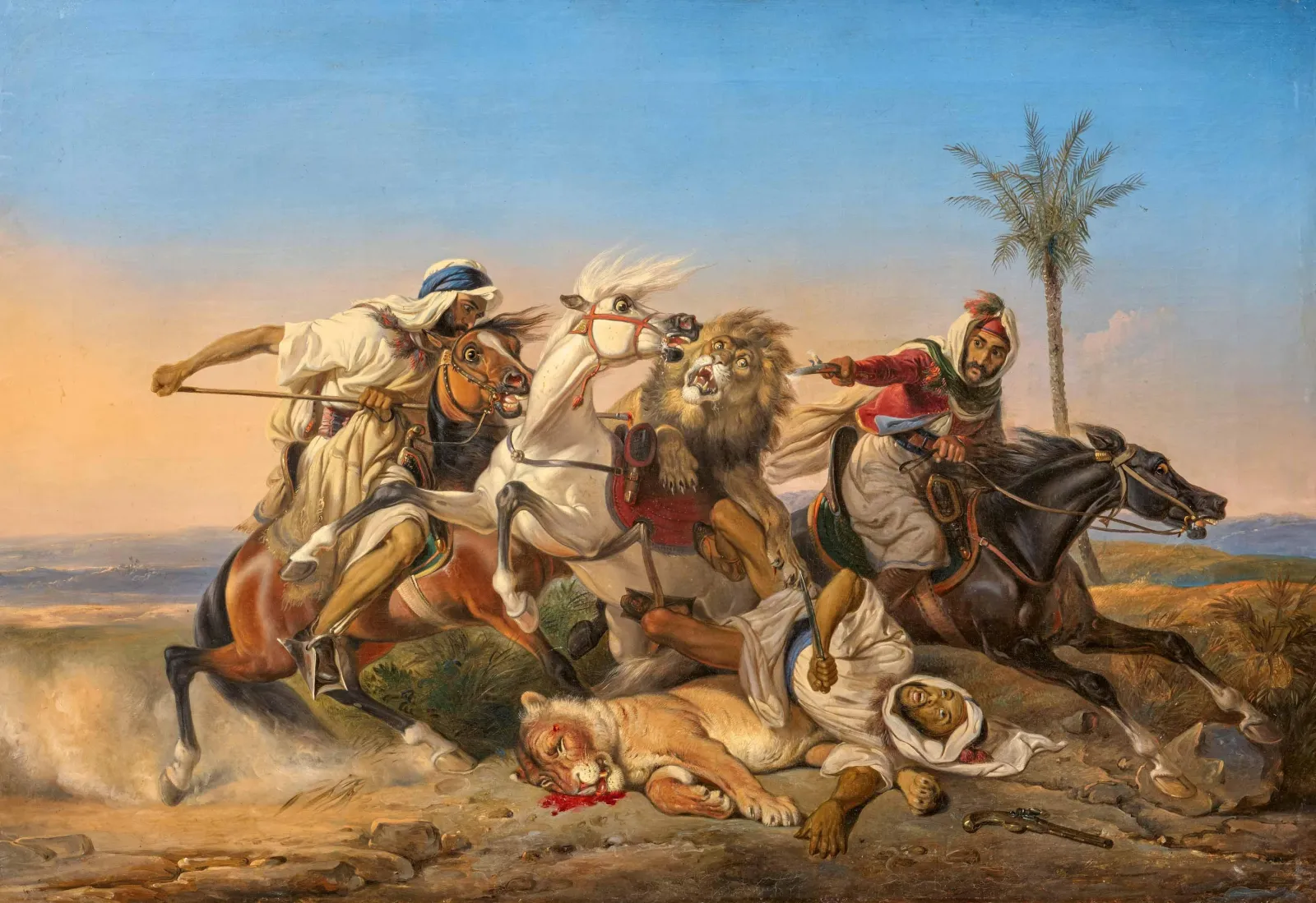 Combat de cavaliers arabes contre un lion, Raden Saleh