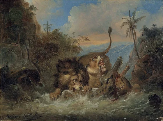 A Lion and Lioness Attacking a Crocodile — Raden Saleh