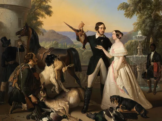 Ernst II. und Alexandrine von Sachsen-Coburg und Gotha nach der Jagd — Raden Saleh