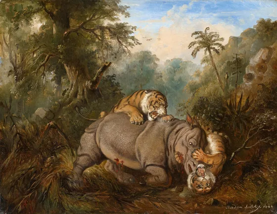 Fight between a Javanese Rhinoceros and Two Tigers — Raden Saleh