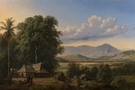 Indonesisch landschap met dorp — Raden Saleh