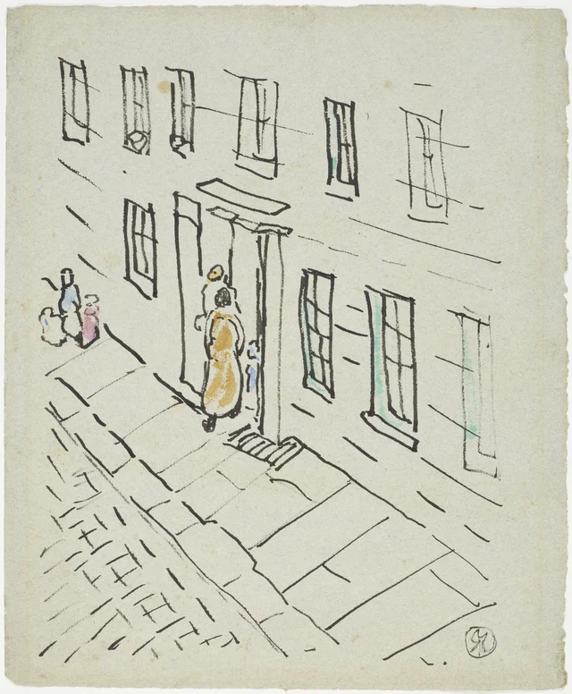 Cena de rua com personagens no vão de uma porta, Raymond McIntyre