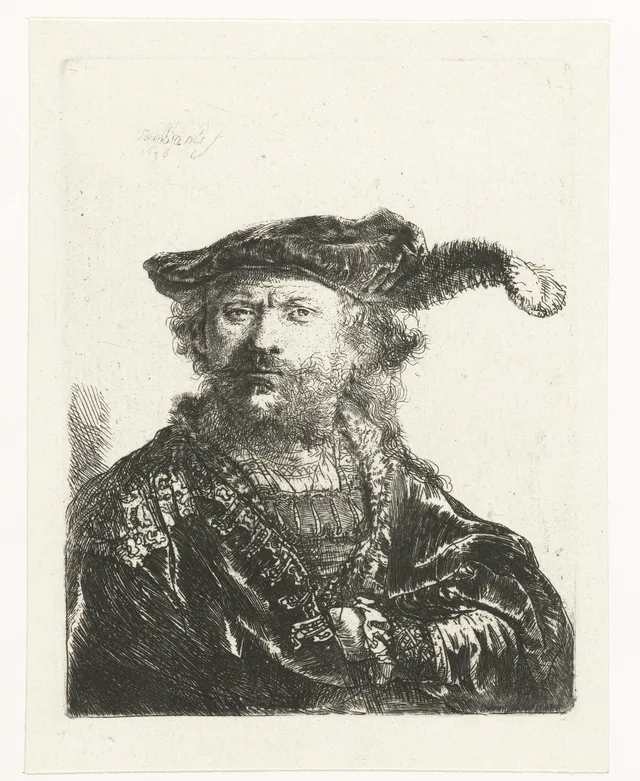 Autoportrait au bonnet de velours orné d'une plume, Rembrandt van Rijn