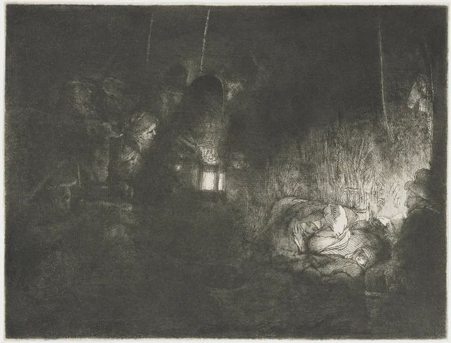 La adoración de los pastores, escena nocturna, Rembrandt van Rijn