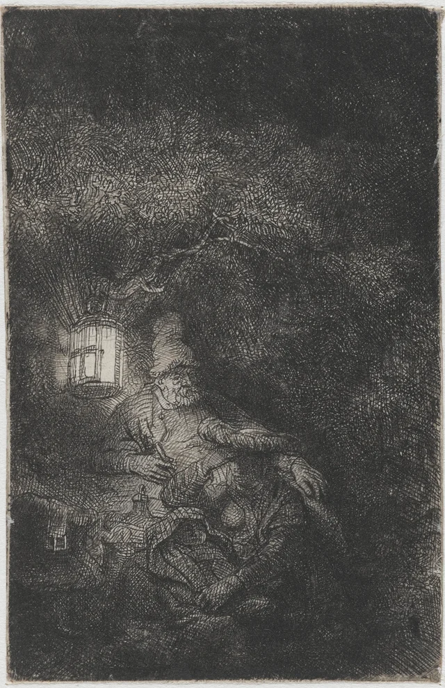 El descanso en la huida a Egipto, escena nocturna, Rembrandt van Rijn