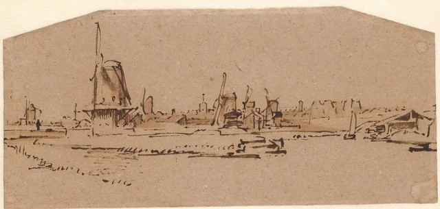 Landscape with Windmills on a Canal west of Amsterdam, Rembrandt van Rijn