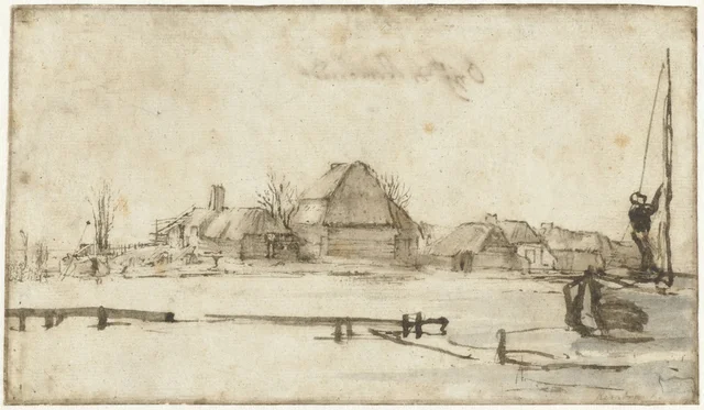 Winter View with a Waterway, Cottages and Two Boats