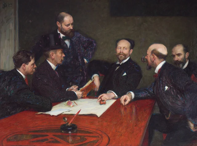 O conselho de administração da Associação dos artistas. Sentados, da esquerda para a direita: Christian Eriksson, Eugène Jansson, Karl Nordström (presidente), Robert Thegerström, Richard Bergh. De pé: Nils Kreuger, Richard Bergh