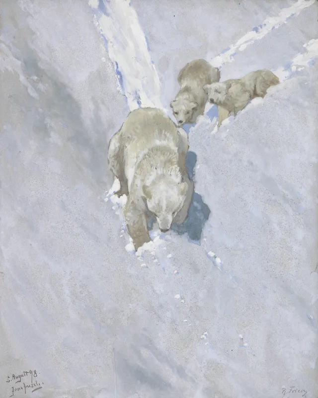 Ourse polaire et ses petits dans la neige, Richard Friese