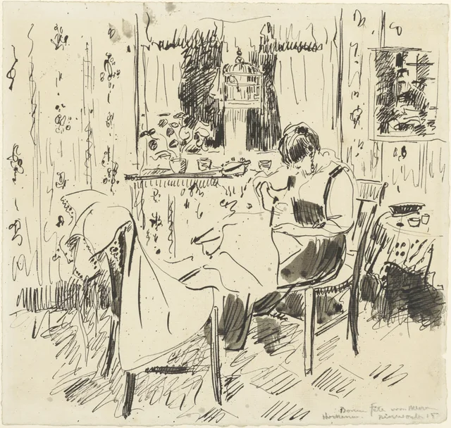 Interior com uma mulher cortando um tecido para um traje, Rik Wouters