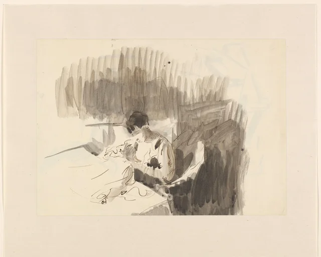 Mulher costurando, sentada a uma mesa, Rik Wouters