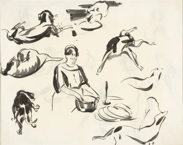 Estudos de um cão, de um gato e de uma mulher de pé perto da pia, Rik Wouters