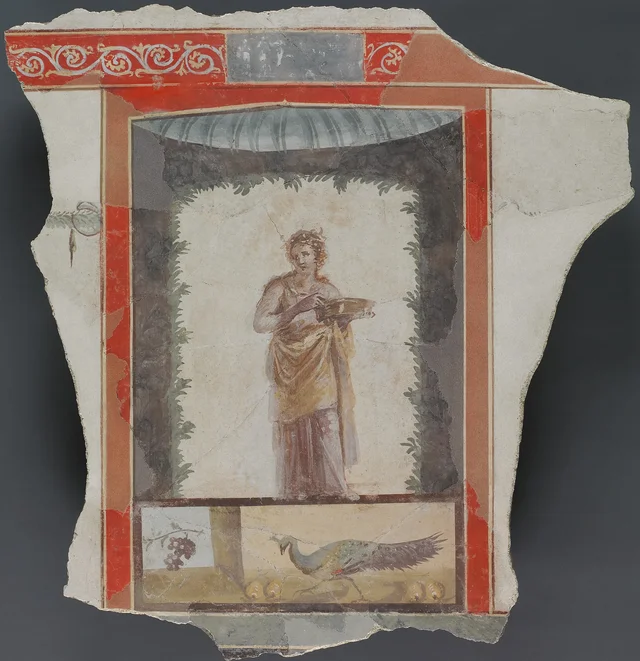 Fresco Depicting a Woman (Maenad?) Holding a Dish; Peacock and Fruit Below