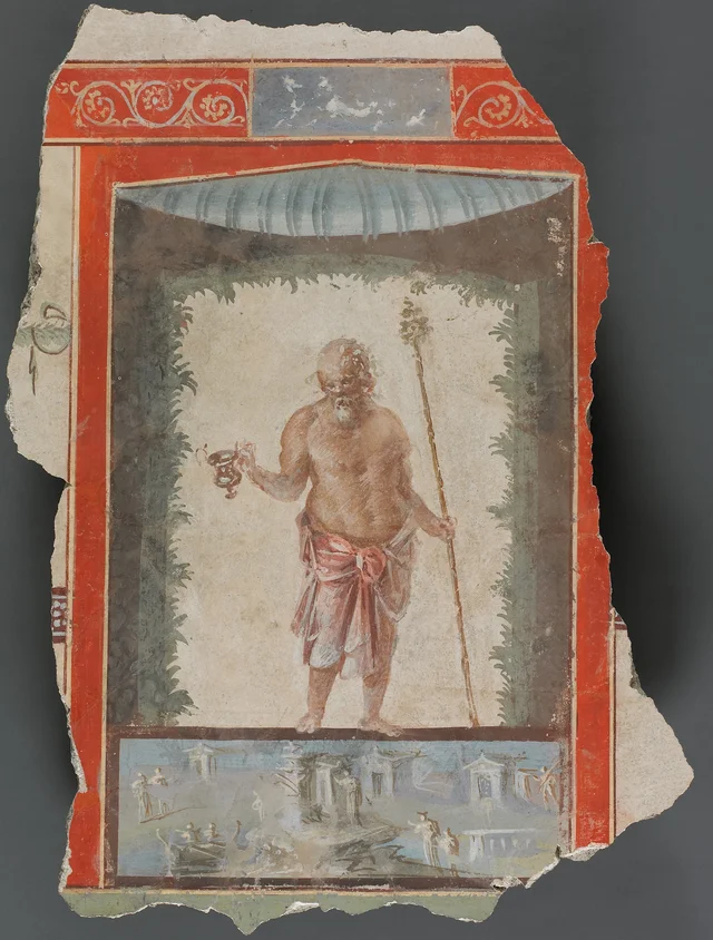 Fresco Fragments Depicting an Old Silenos with Kantharos and Thyrsos