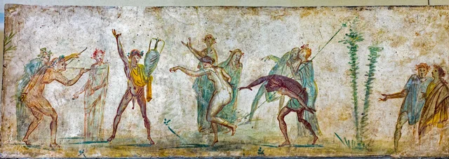 Part of a wall painting: followers of Bacchus drinking and dancing in a garden