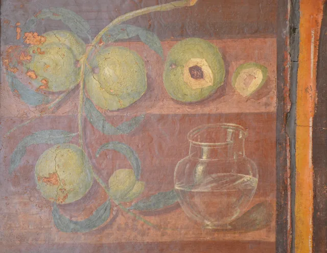 Nature morte aux pêches et à la carafe de verre