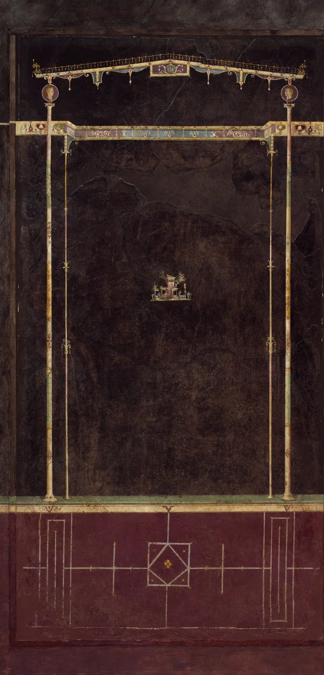 Wall painting on black ground: Aedicula with small landscape, from the imperial villa at Boscotrecase, Ancient Rome