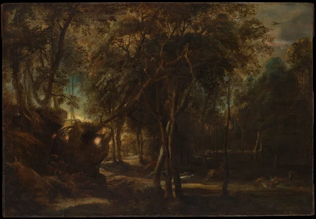 A Forest at Dawn with a Deer Hunt
